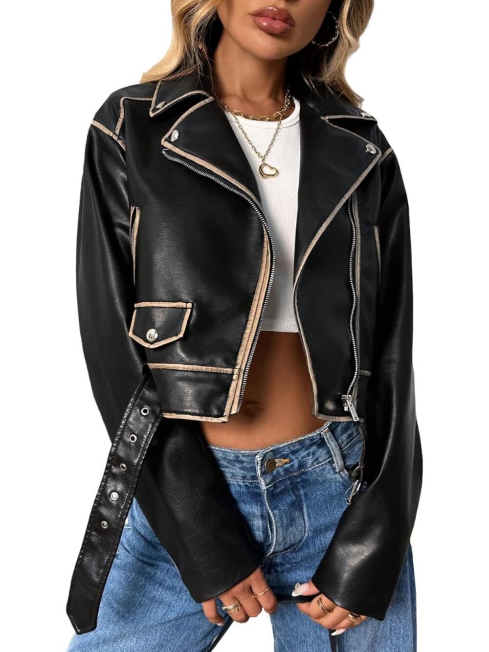 Women Deep Black Faux Leather Cropped Distressed Zipper Belted Moto Biker Jacket